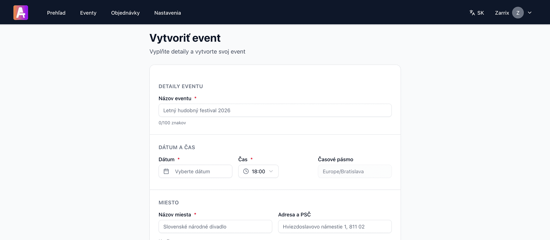 Vytvorte event